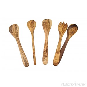 Wrenbury Rustic Olive Wood Set of 5 Utensils - Spatula Slotted Spatula Cooking Spoon and Salad Servers - B01D34PYVY